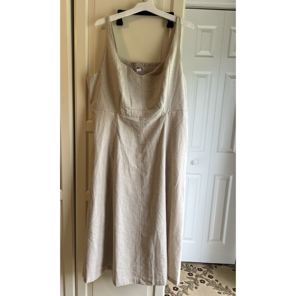 Old Navy Women's Sleeveless Flax Linen Dress smocking 2 pockets beige sz- XXL - Picture 2 of 7